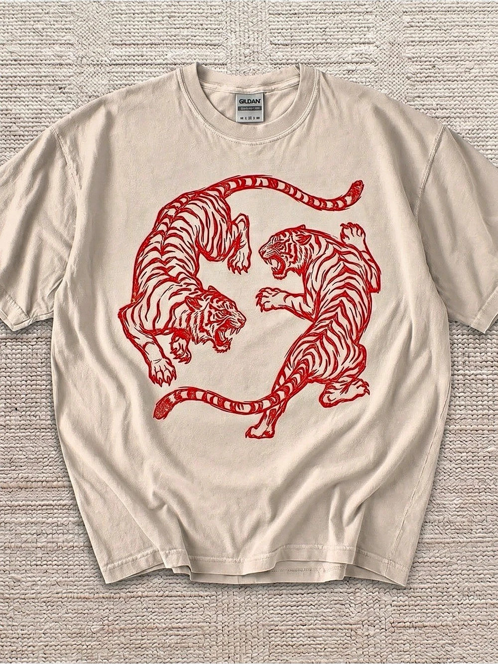 Gildan Cream Short Sleeve Tee with Red
Tiger Graphic